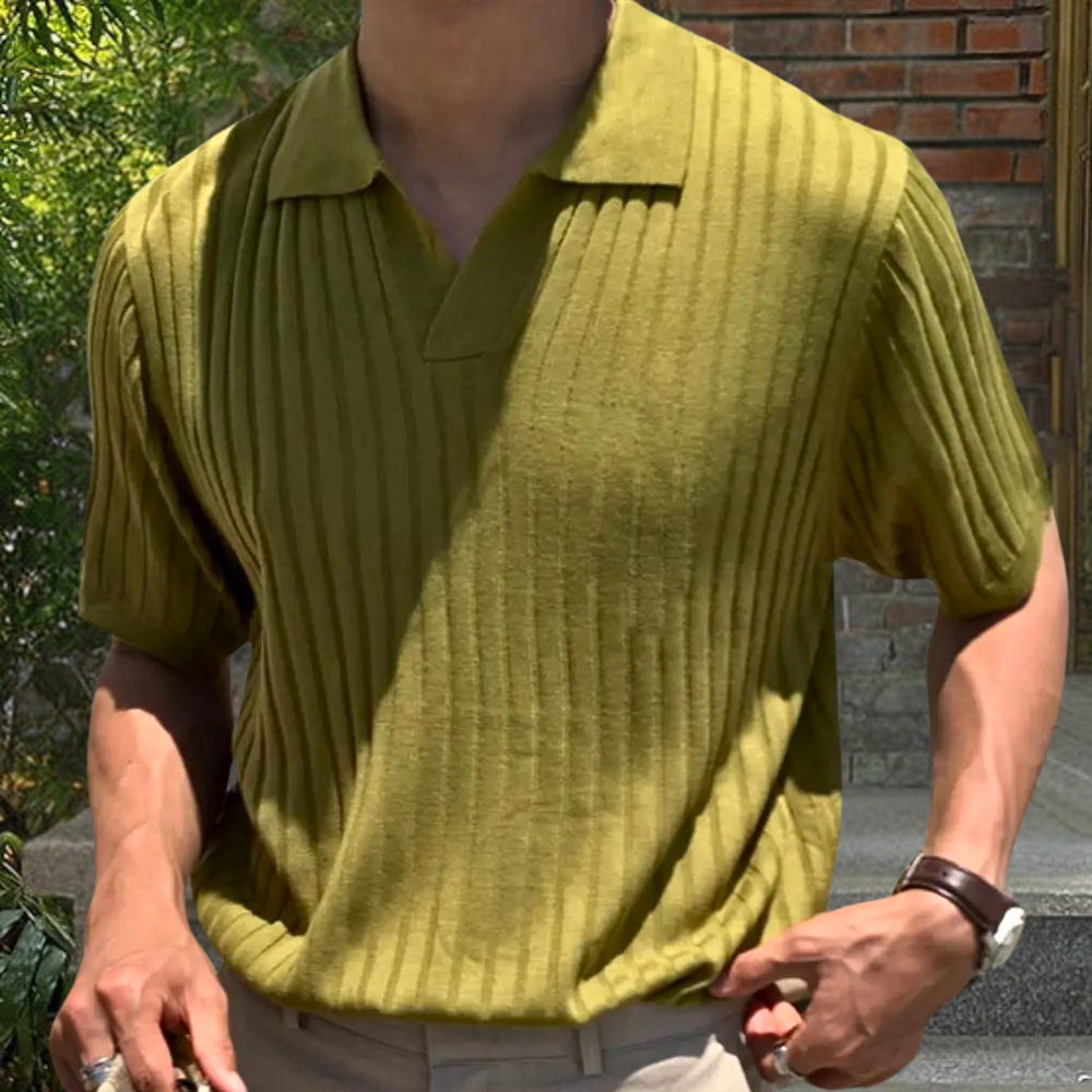 Collared Shirt - Short Sleeve - V-Neck - Knitted Polo Shirt - Men's Polo Shirts