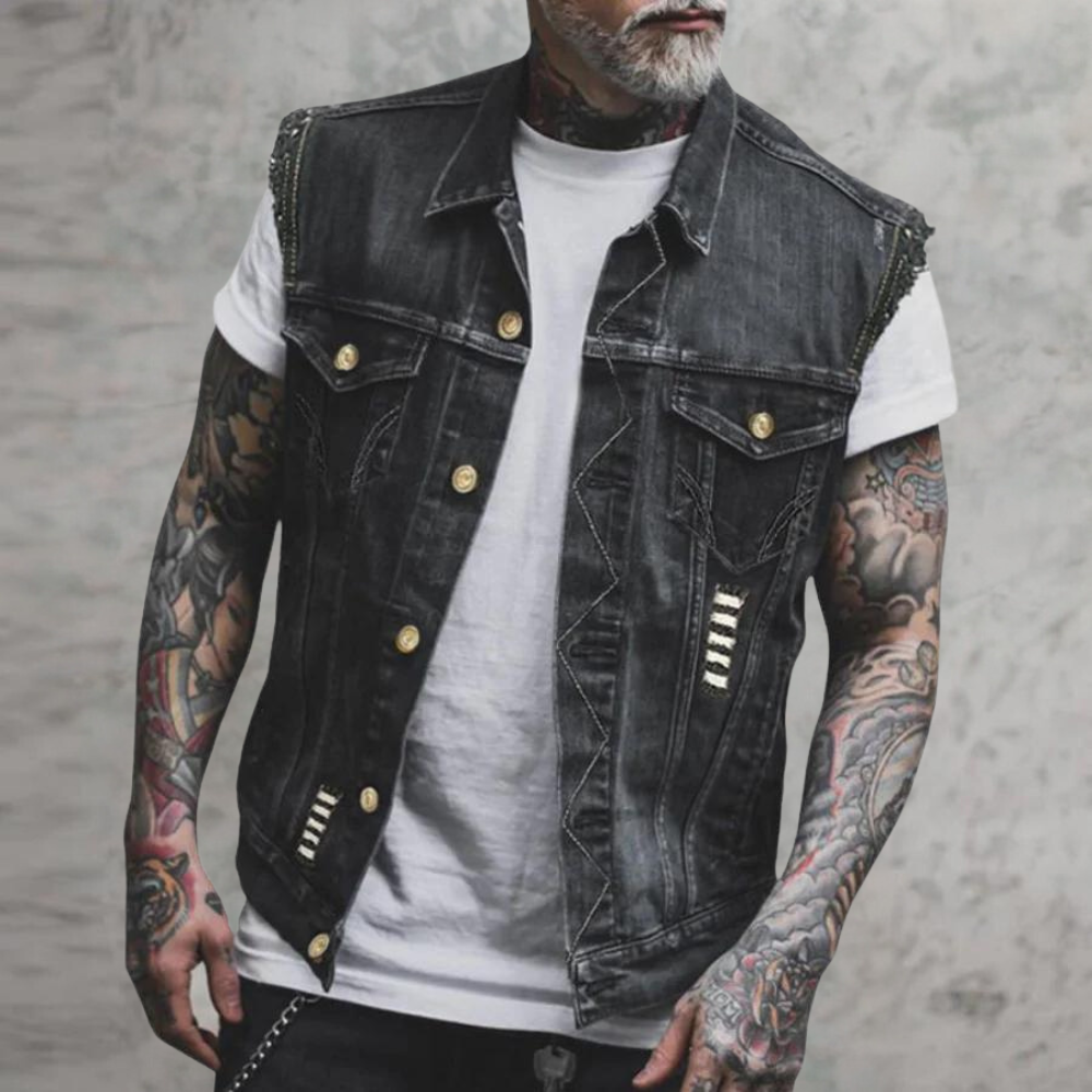 Denim Vest - Men's Sleeveless Black Ripped Denim Gilet