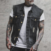 Denim Vest - Men's Sleeveless Black Ripped Denim Gilet