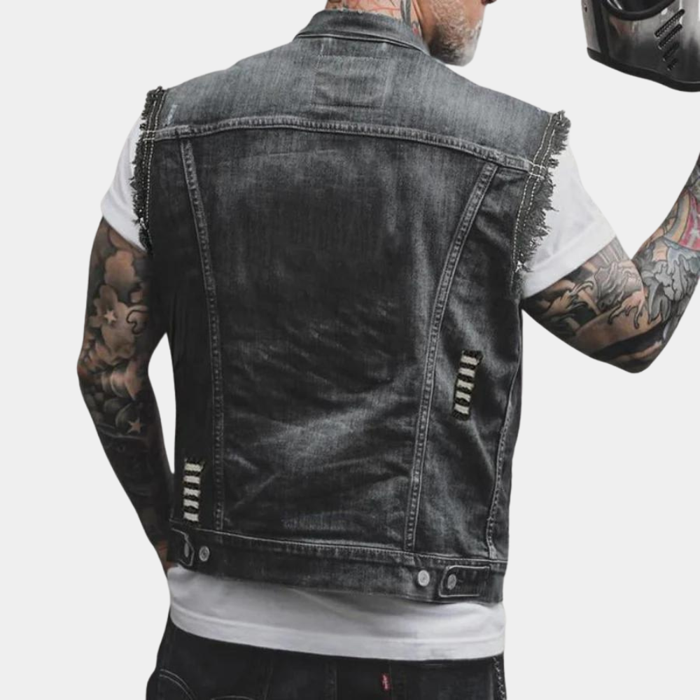 Denim Vest - Men's Sleeveless Black Ripped Denim Gilet