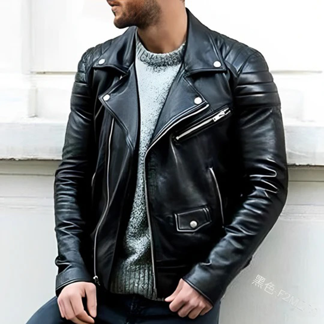 Leather Jacket - Men's Zip-Up Motorcycle Leather Biker Jacket
