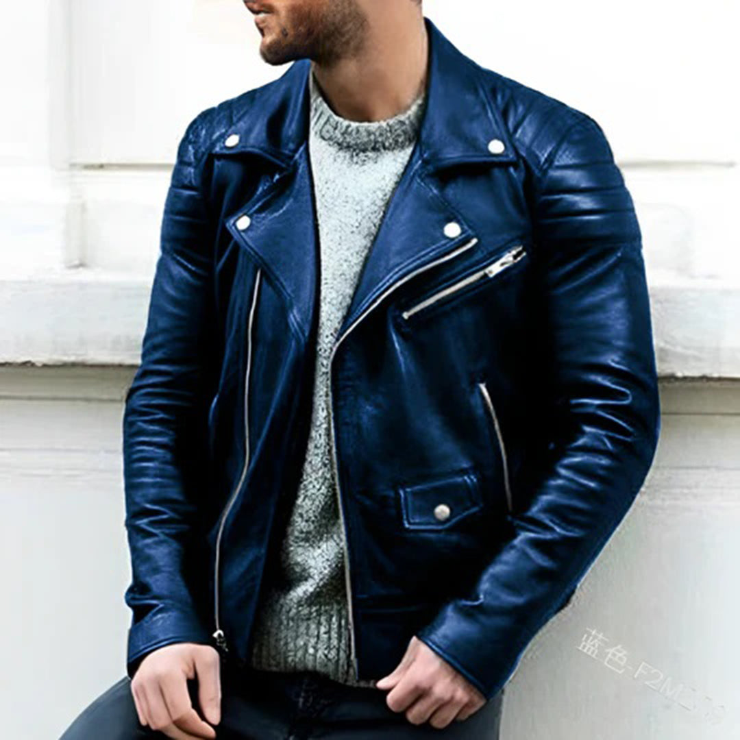 Leather Jacket - Men's Zip-Up Motorcycle Leather Biker Jacket