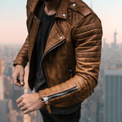 Leather Jacket - Men's Zip-Up Motorcycle Leather Biker Jacket