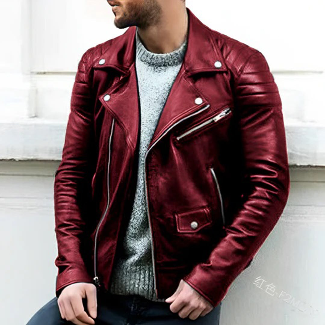 Leather Jacket - Men's Zip-Up Motorcycle Leather Biker Jacket