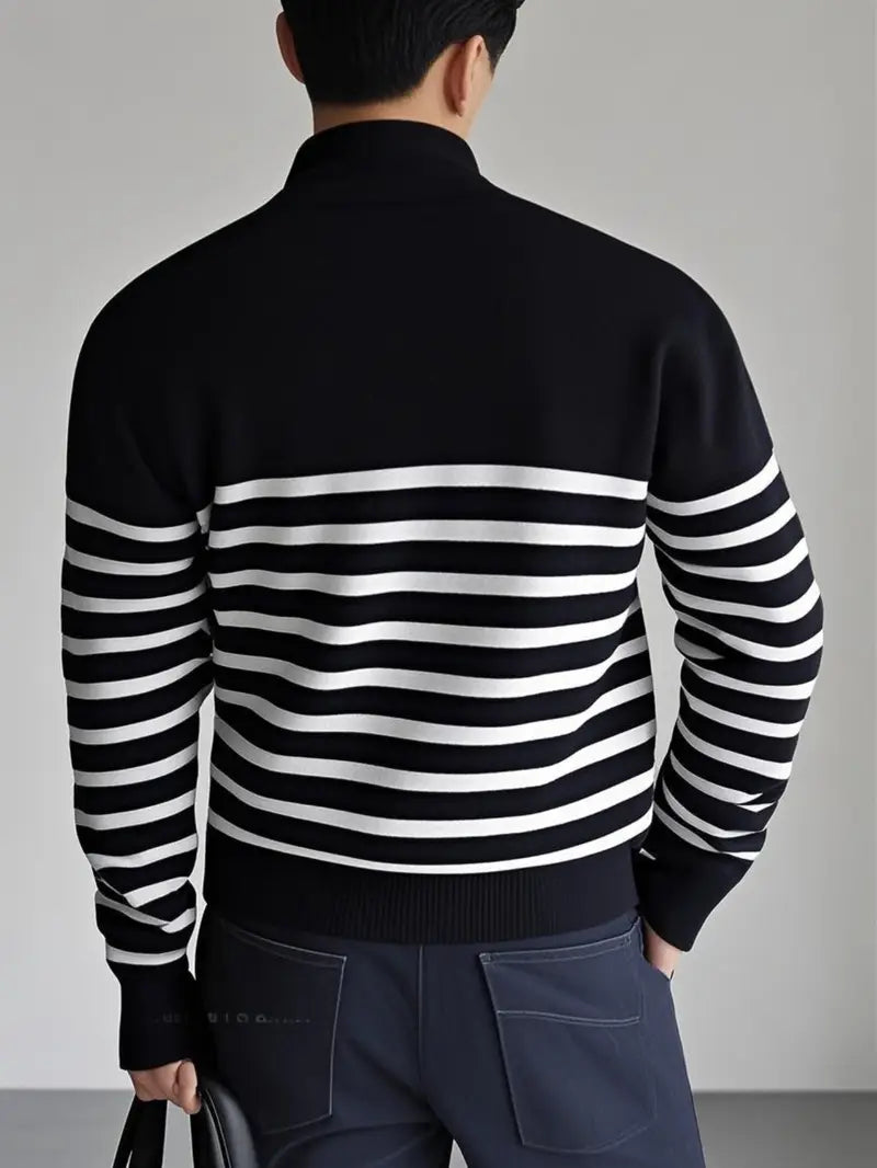 Quarter-Zip Pullover - Striped - Knitted - Polo Jumper - Men's Half-Zip Sweater