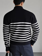 Quarter-Zip Pullover - Striped - Knitted - Polo Jumper - Men's Half-Zip Sweater