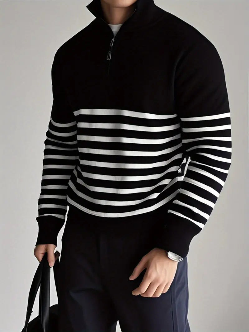 Quarter-Zip Pullover - Striped - Knitted - Polo Jumper - Men's Half-Zip Sweater