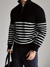 Quarter-Zip Pullover - Striped - Knitted - Polo Jumper - Men's Half-Zip Sweater