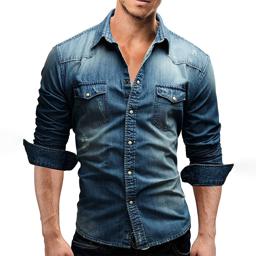 Denim Shirt - Men's Slim Fit Long Sleeve Buttoned Up Shirt