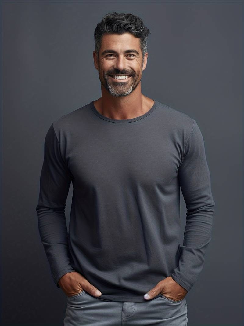 Long Sleeve T-Shirt - Men's Casual Plain Crew Neck Long Sleeve