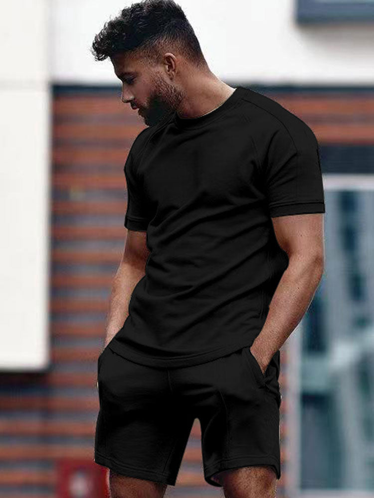 Shorts and T-shirt Set - Men's Round Neck Sweat Shorts Two-Piece Summer Sets
