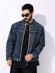 Denim Jacket - Men's Dark Blue Zip-Up Jean Jacket