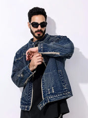 Denim Jacket - Men's Dark Blue Zip-Up Jean Jacket