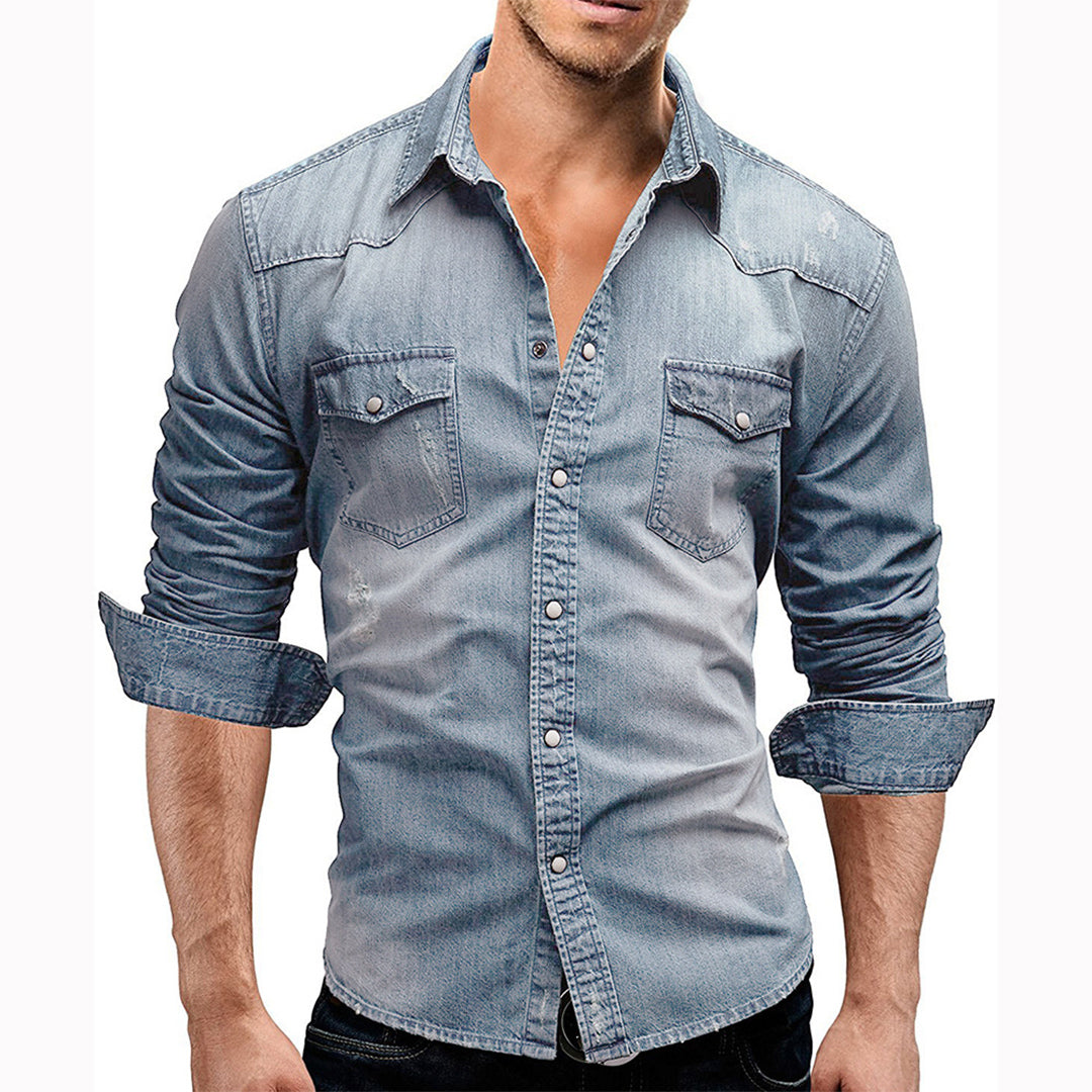 Denim Shirt - Men's Slim Fit Long Sleeve Buttoned Up Shirt