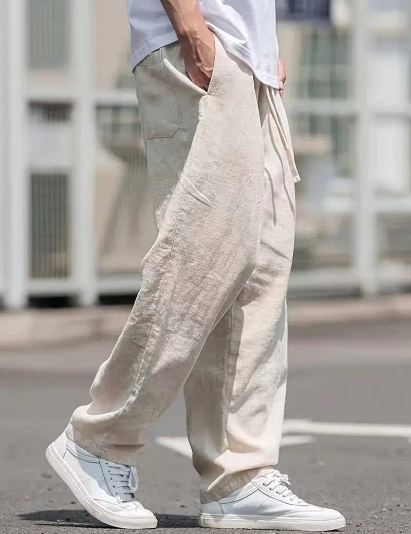 Linen Pants - Loose Fit - Elastic Waist - Summer Trousers - Men's White Pants-Broek man-Chaps of London-Chaps of London