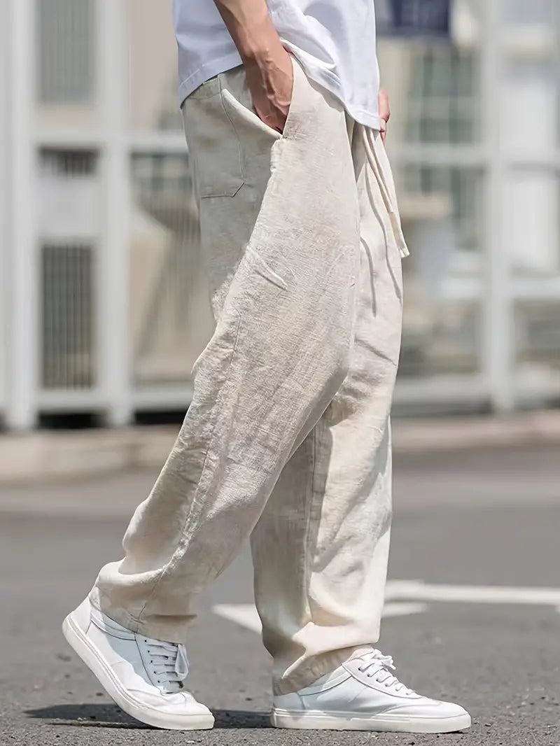 Linen Pants - Loose Fit - Elastic Waist - Summer Trousers - Men's White Pants-Broek man-Chaps of London-Chaps of London