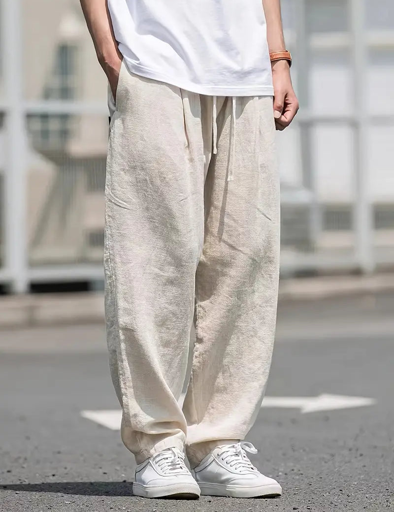 Linen Pants - Loose Fit - Elastic Waist - Summer Trousers - Men's White Pants-Broek man-Chaps of London-Khaki-S-Chaps of London