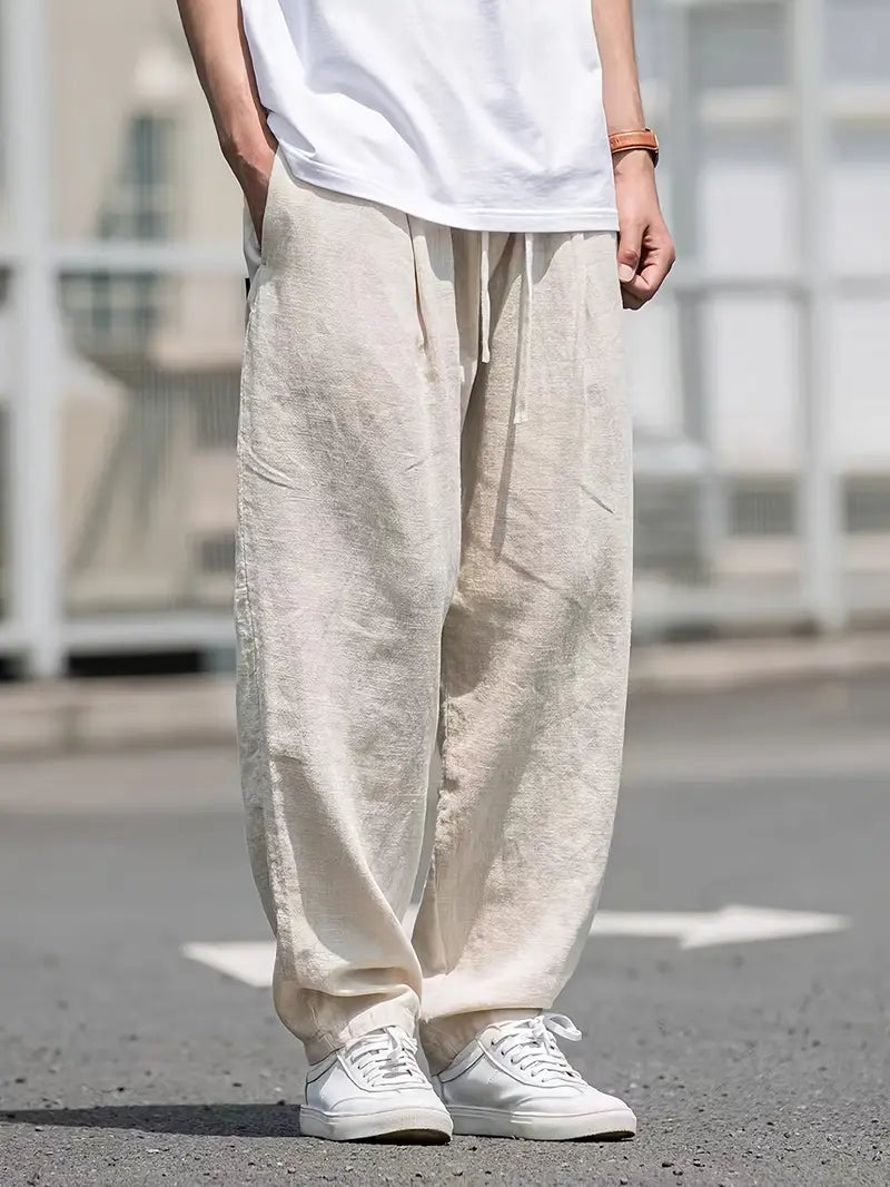 Linen Pants - Loose Fit - Elastic Waist - Summer Trousers - Men's White Pants-Broek man-Chaps of London-Khaki-S-Chaps of London