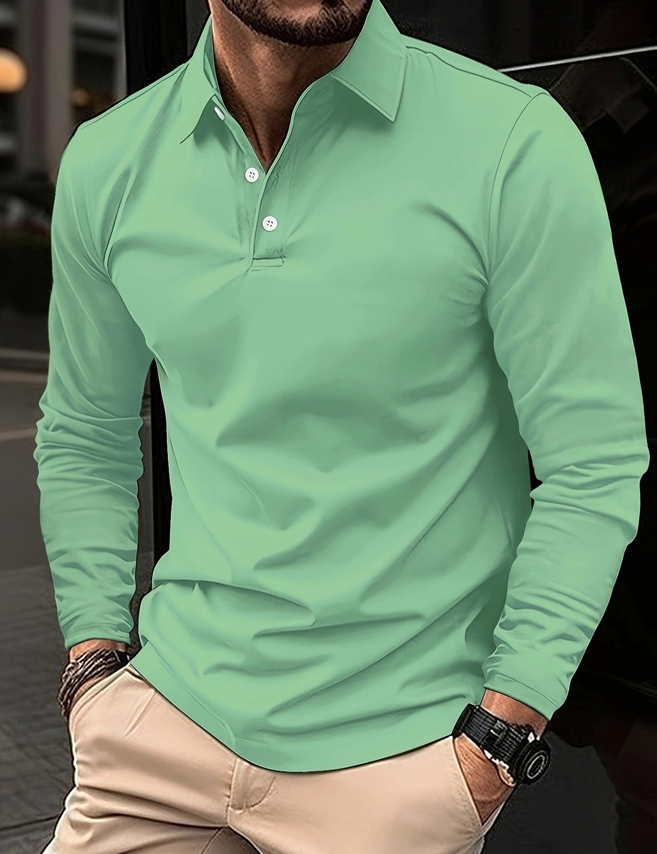 Long Sleeve Polo Shirt - Men's Plain Collared Button Neck Polo Shirt-Men's Long-Sleeve Polo Shirt-Chaps of London-Grün-S-Chaps of London