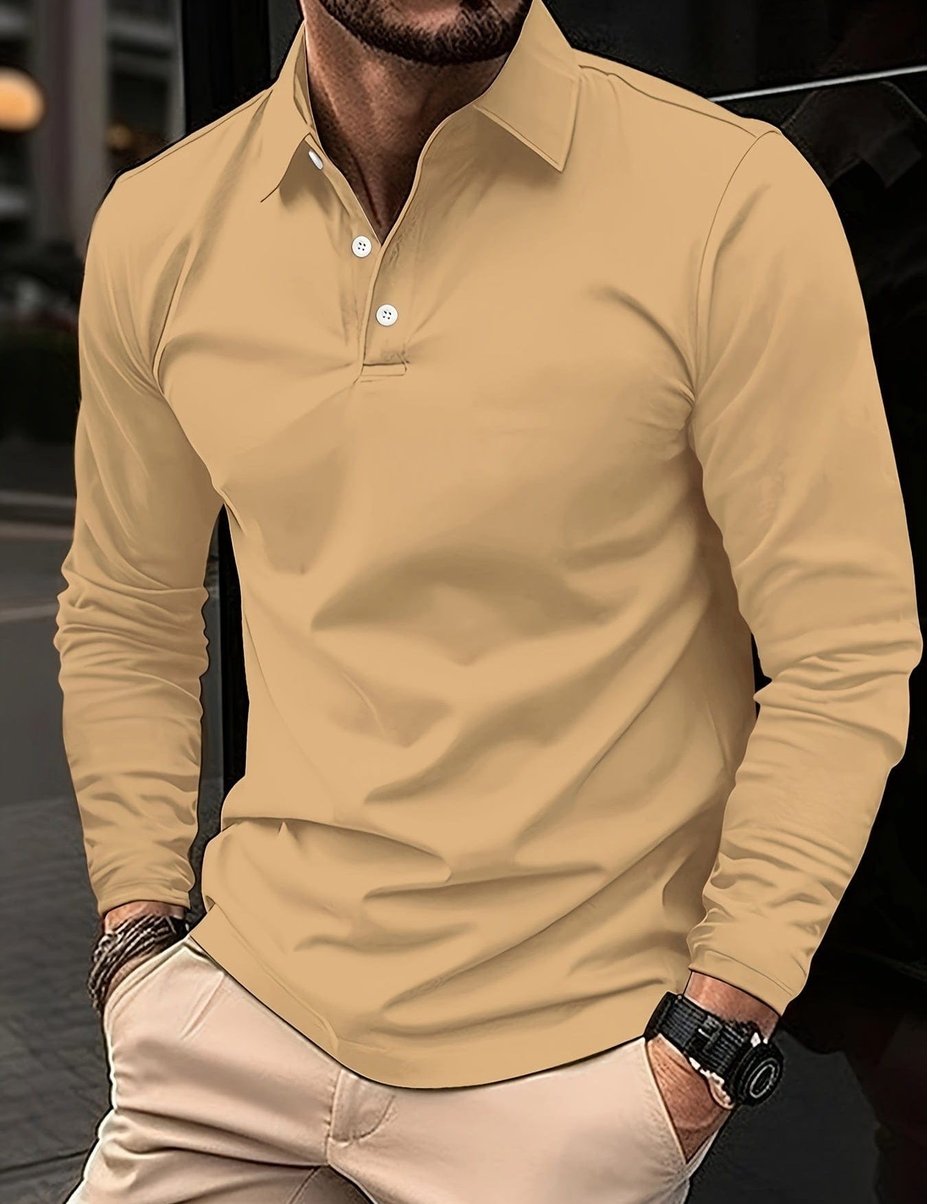 Long Sleeve Polo Shirt - Men's Plain Collared Button Neck Polo Shirt-Men's Long-Sleeve Polo Shirt-Chaps of London-Khaki-S-Chaps of London