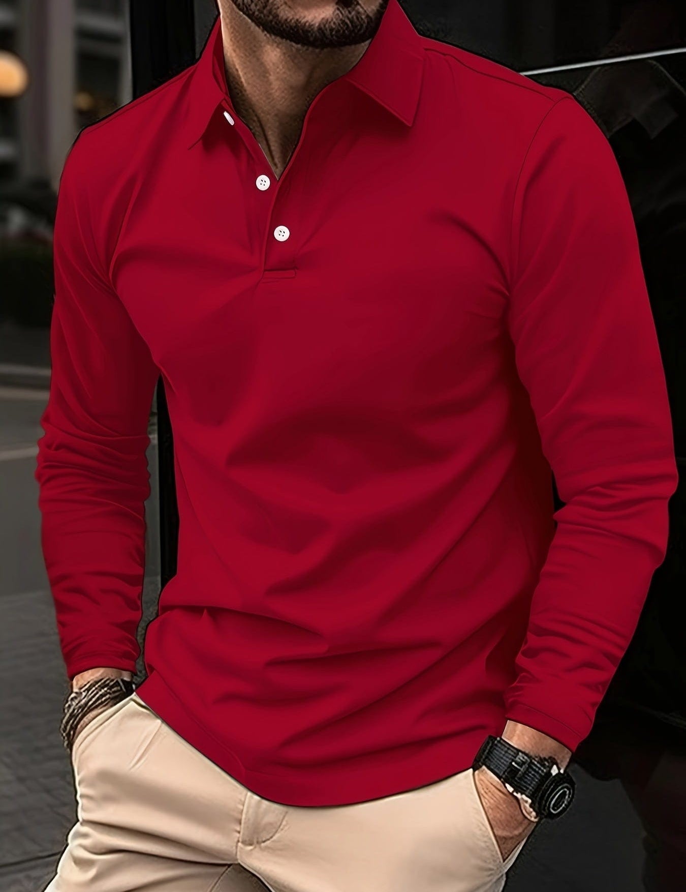 Long Sleeve Polo Shirt - Men's Plain Collared Button Neck Polo Shirt-Men's Long-Sleeve Polo Shirt-Chaps of London-Rot-S-Chaps of London