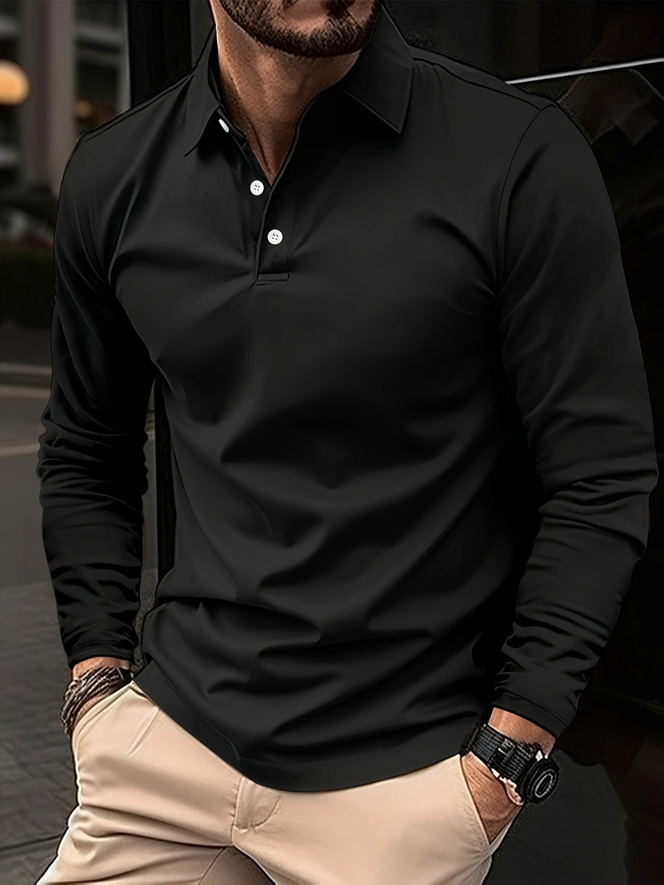 Long Sleeve Polo Shirt - Men's Plain Collared Button Neck Polo Shirt-Men's Long-Sleeve Polo Shirt-Chaps of London-Schwarz-S-Chaps of London