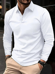 Long Sleeve Polo Shirt - Men's Plain Collared Button Neck Polo Shirt-Men's Long-Sleeve Polo Shirt-Chaps of London-Weiß-S-Chaps of London