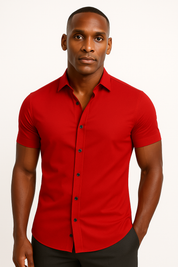 Short Sleeve Shirt - Men's Plain Slim Fit Button-Up Dress Shirt