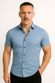 Short Sleeve Shirt - Men's Plain Slim Fit Button-Up Dress Shirt