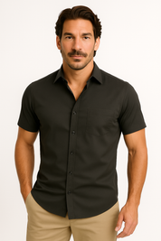 Short Sleeve Shirt - Men's Plain Slim Fit Button-Up Dress Shirt