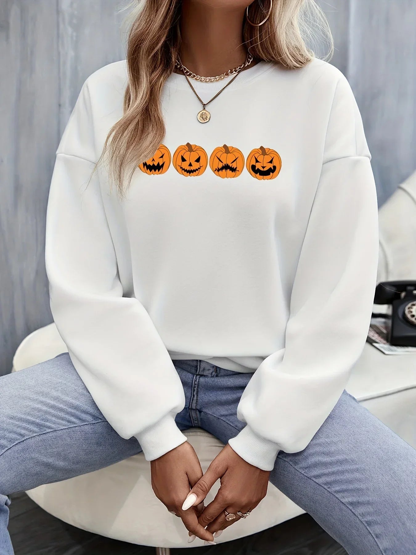 Halloween Pullover - Women's Black and White Pumpkin Jumper