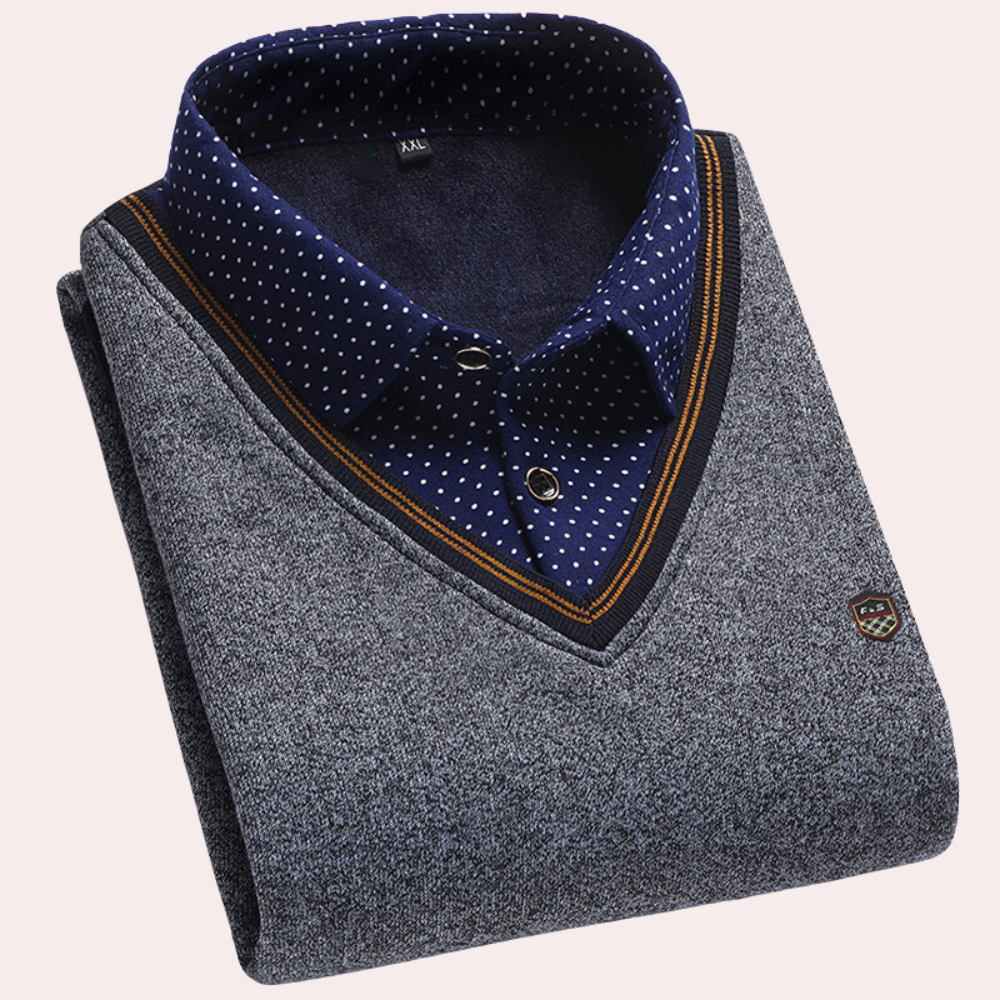 Sweater with Shirt - Men's Collared V-Neck Jumper with Shirt