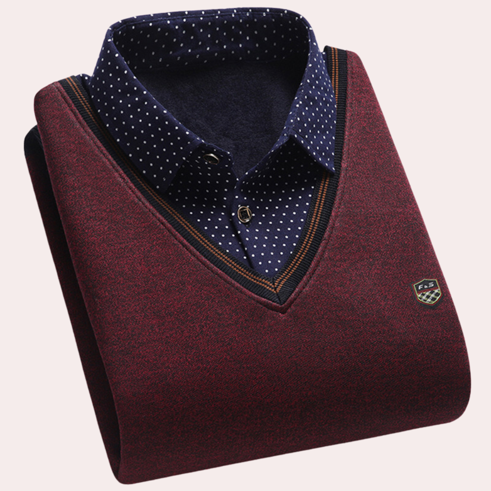 Sweater with Shirt - Men's Collared V-Neck Jumper with Shirt