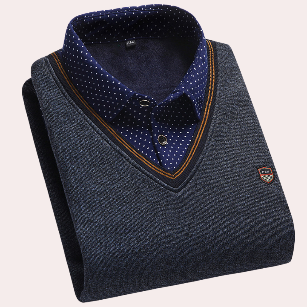 Sweater with Shirt - Men's Collared V-Neck Jumper with Shirt