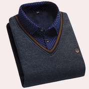 Sweater with Shirt - Men's Collared V-Neck Jumper with Shirt