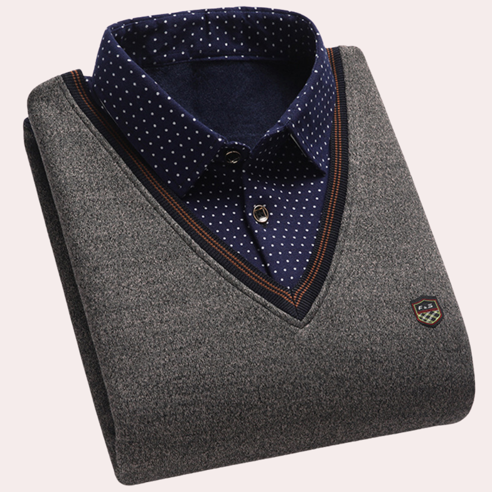 Sweater with Shirt - Men's Collared V-Neck Jumper with Shirt