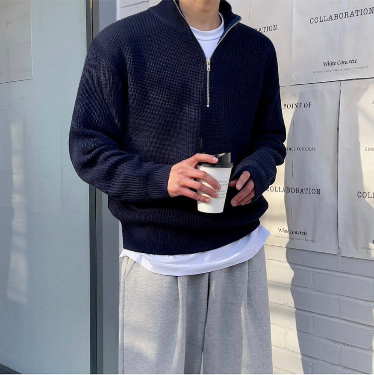 Half-Zip Jumper - Warm - Rib Knit - Knitted Sweater - Men's Half-Zip Pullover