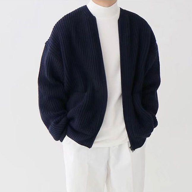 Knitted Cardigan - Men's Chunky Full Zip-Up Cardigan with Pockets
