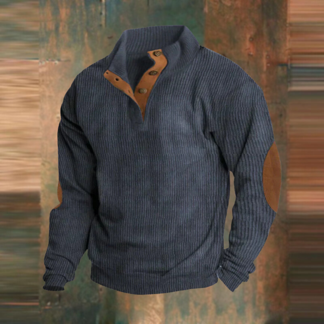 Winter Pullover - Men's Warm Button Neck Pullover Sweater with Elbow Patches
