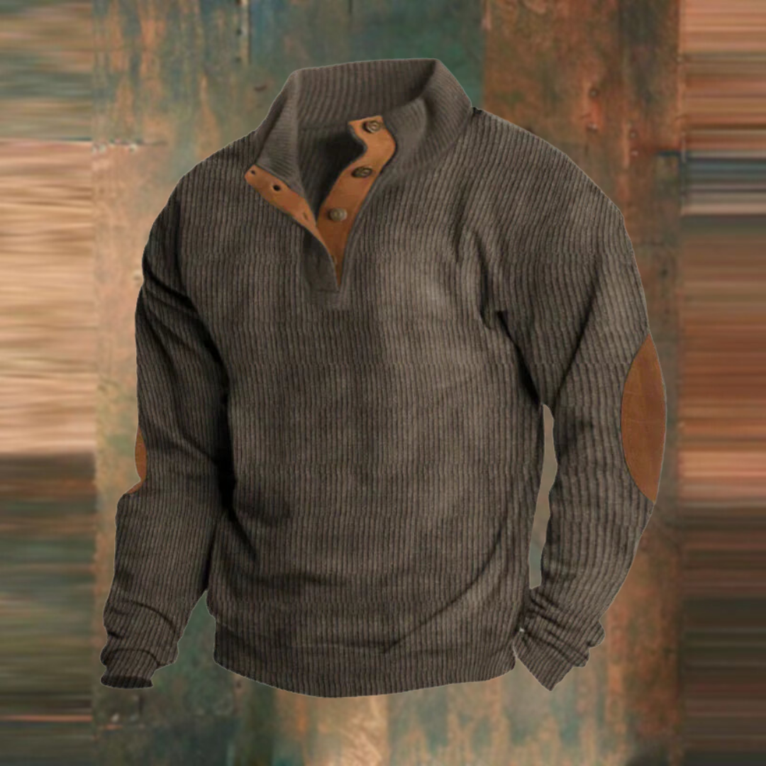 Winter Pullover - Men's Warm Button Neck Pullover Sweater with Elbow Patches