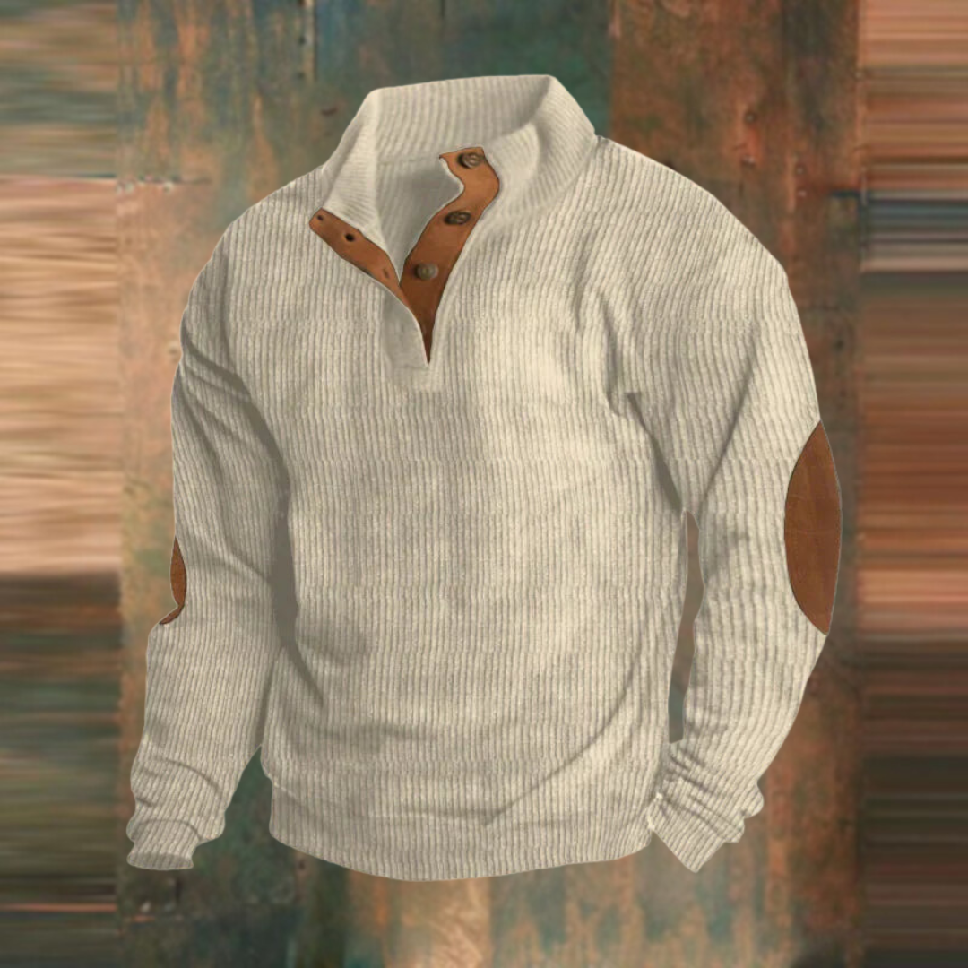 Winter Pullover - Men's Warm Button Neck Pullover Sweater with Elbow Patches