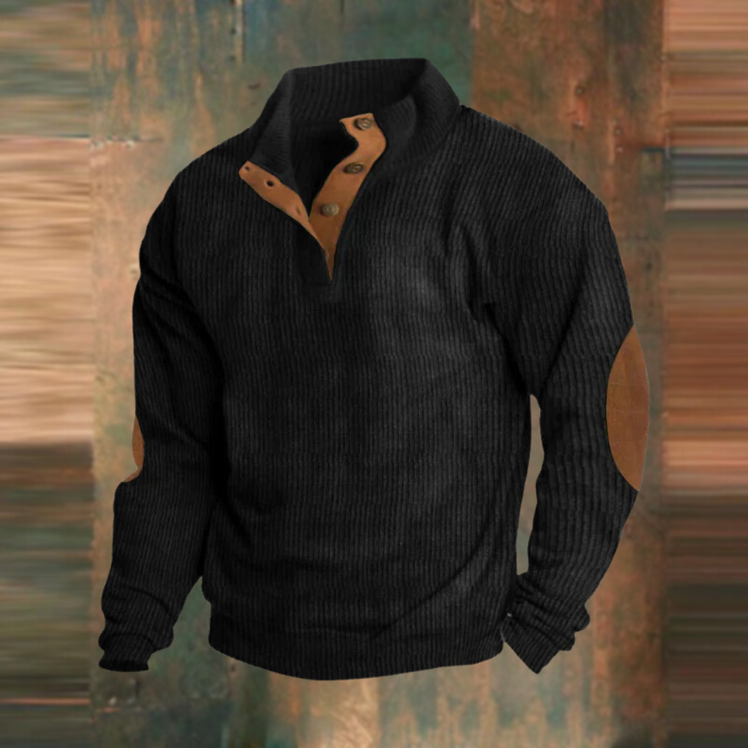 Winter Pullover - Men's Warm Button Neck Pullover Sweater with Elbow Patches