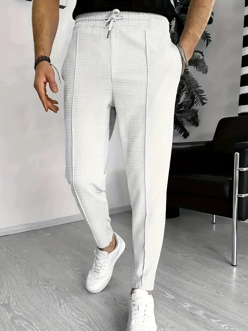 Men's Trousers - Elastic Waist - Drawstring - Slim Fit Joggers - Waffle Pants