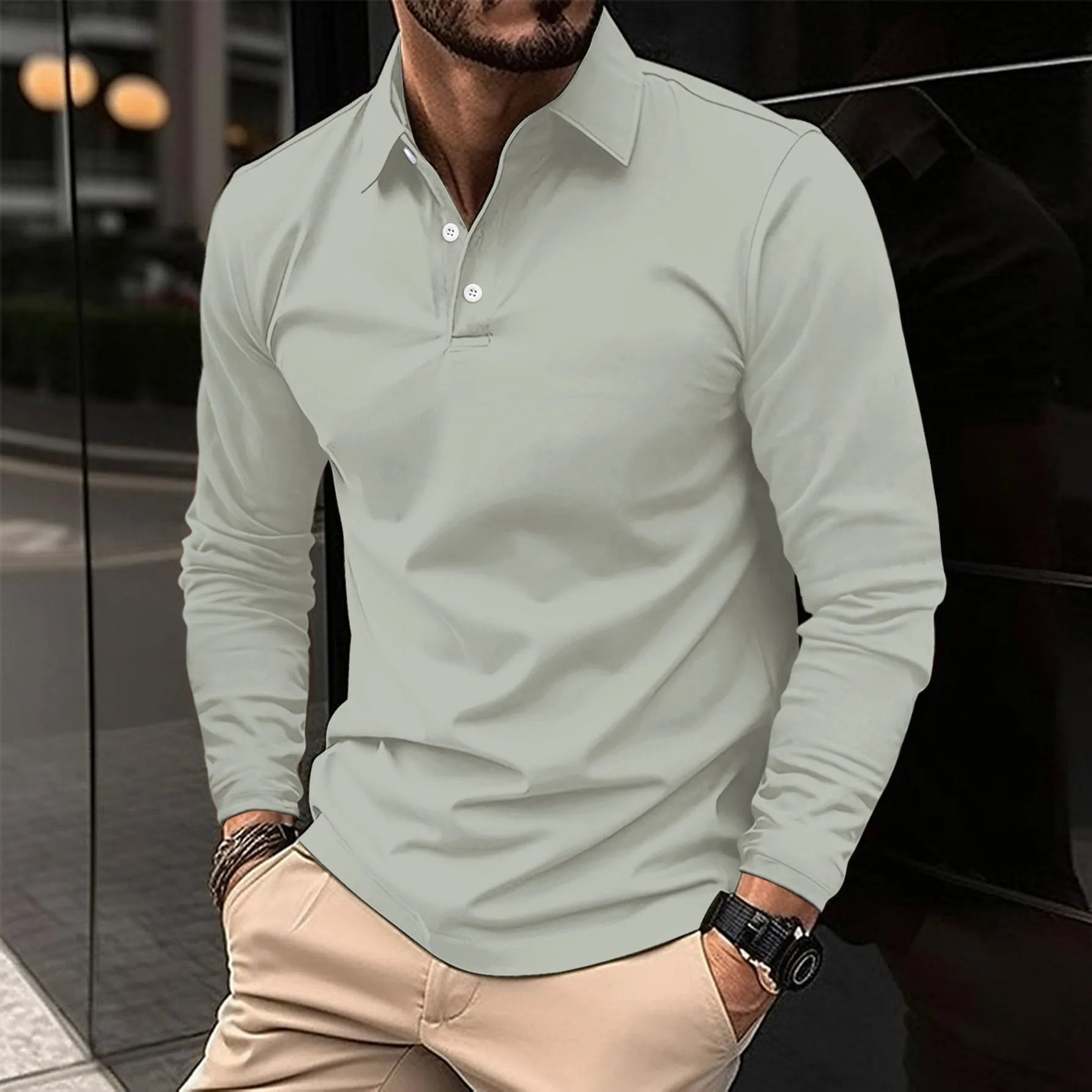 Polo Shirt - Men's Collared Long Sleeve Polo Shirt