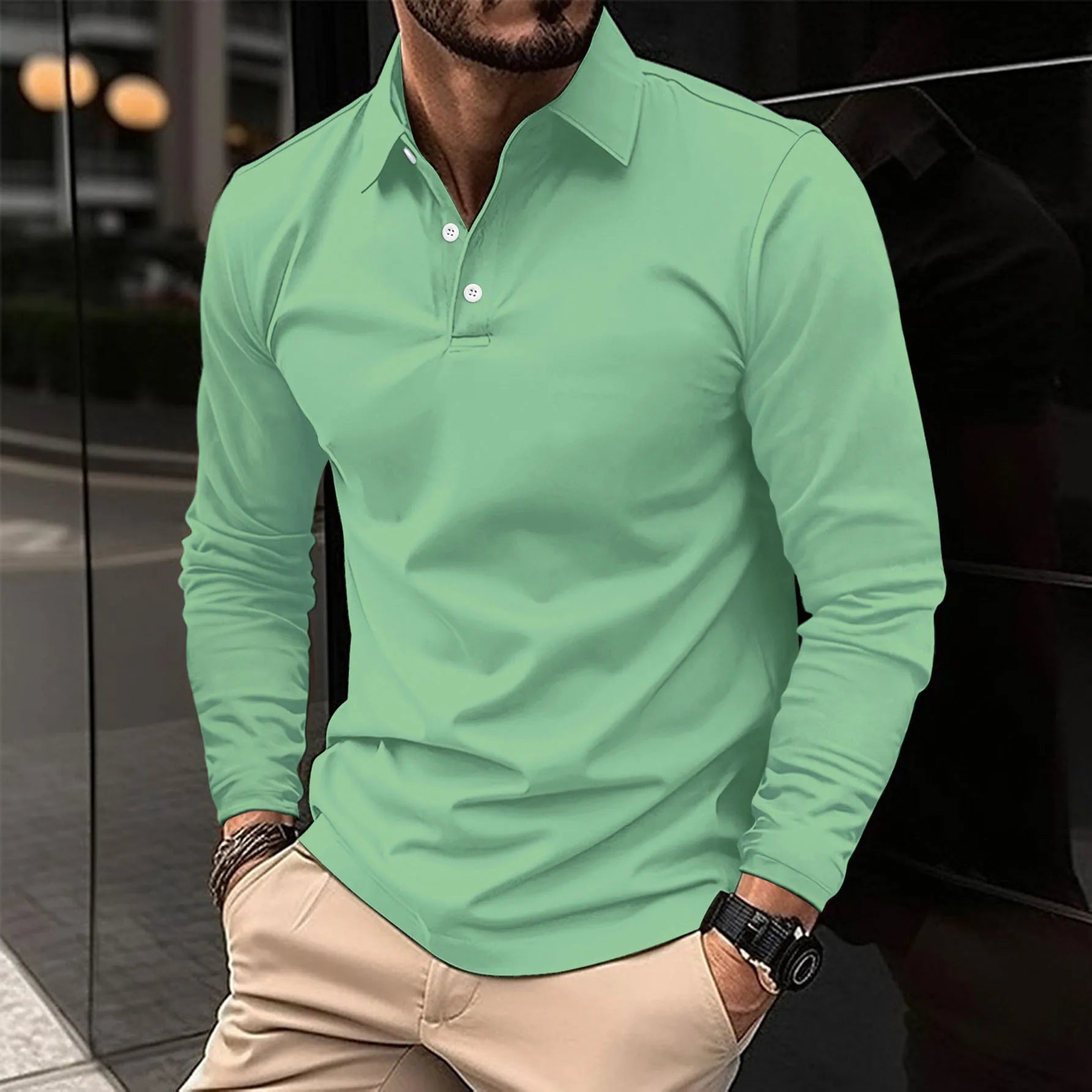 Polo Shirt - Men's Collared Long Sleeve Polo Shirt