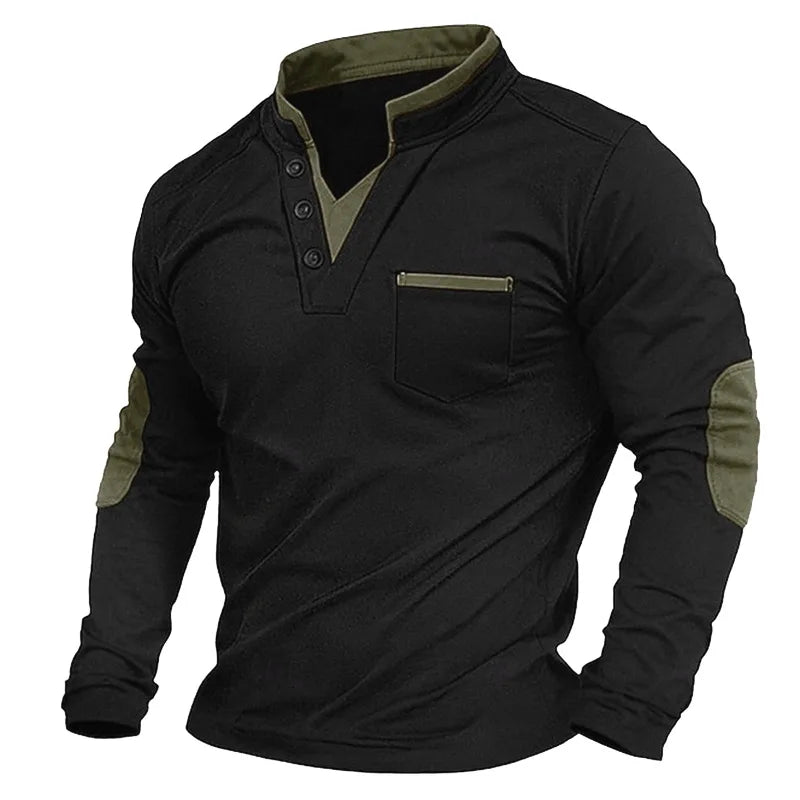 Men's V-Neck Pullover - Elbow Patches - Button Neck - Sweatshirt - Men's Clothing