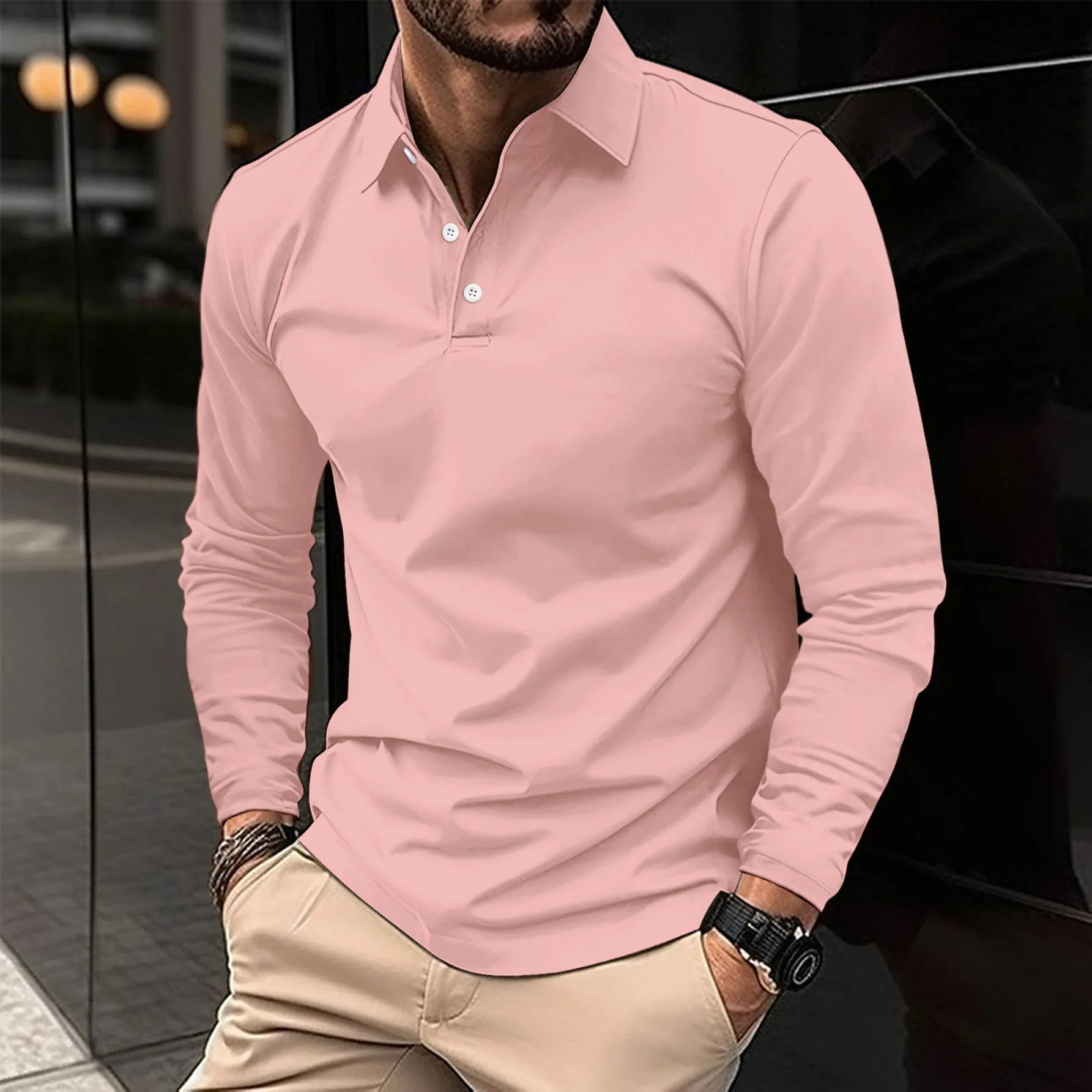 Polo Shirt - Men's Collared Long Sleeve Polo Shirt