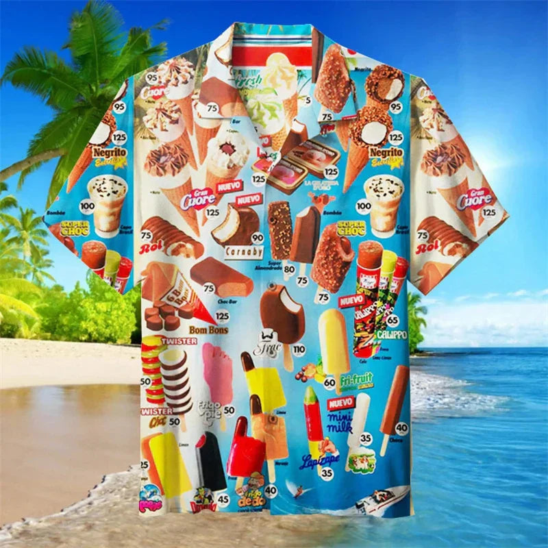 Summer Shirt | Ice Cream Print | Button-Up | Hawaiian Shirt | Mens Short Sleeve Shirts