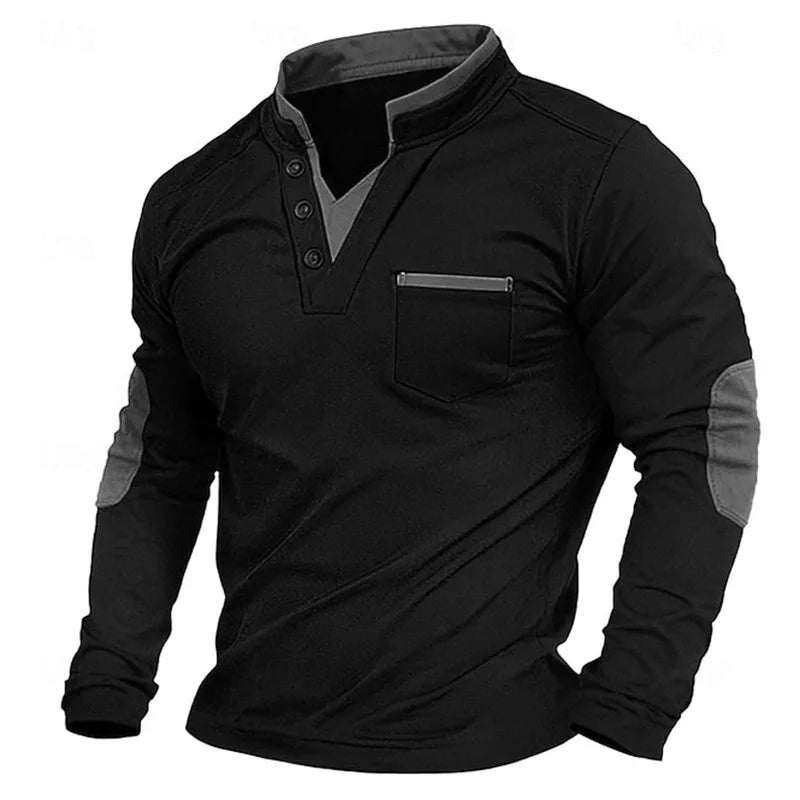Men's V-Neck Pullover - Elbow Patches - Button Neck - Sweatshirt - Men's Clothing