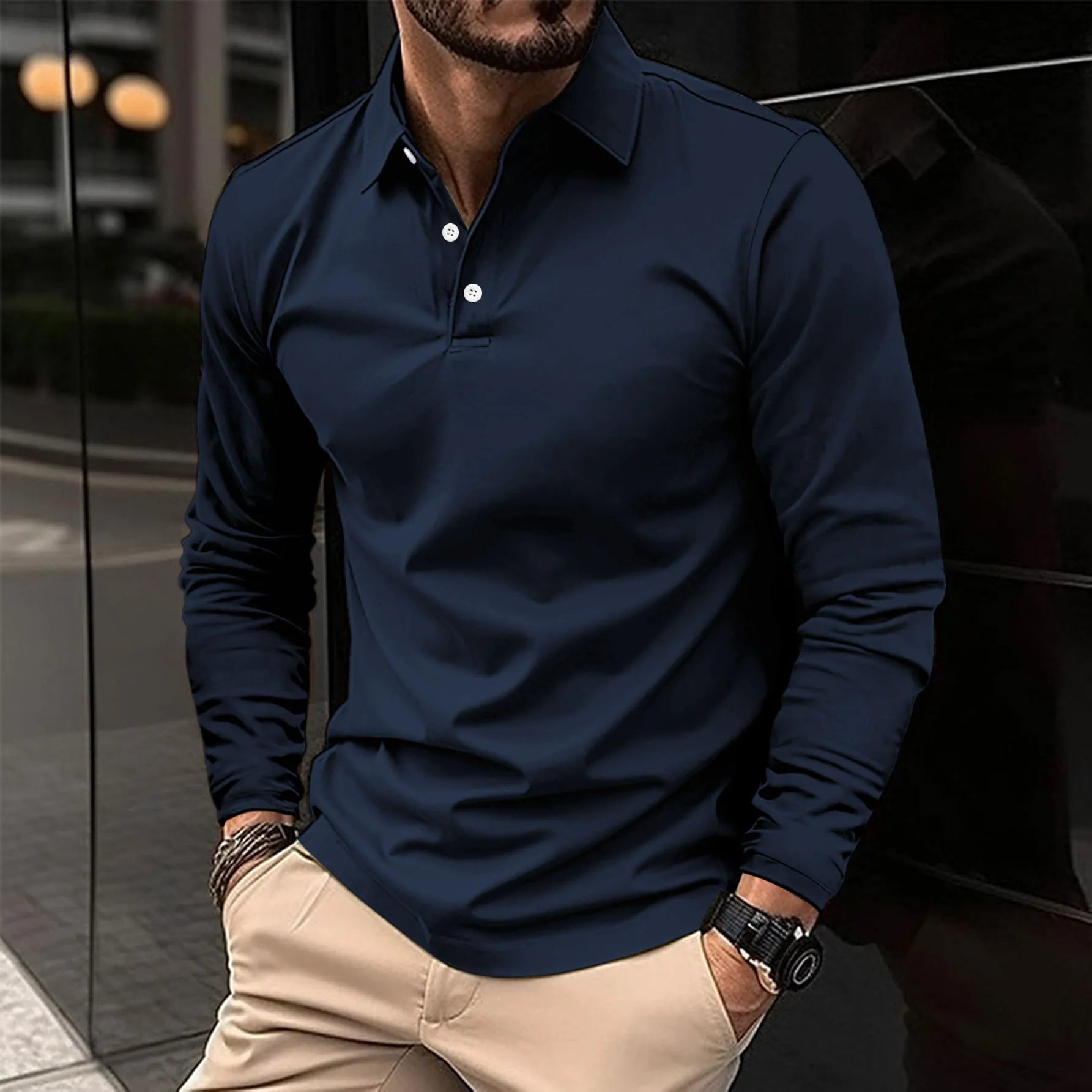 Polo Shirt - Men's Collared Long Sleeve Polo Shirt